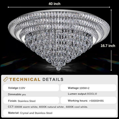 Miuyhji 40“ Elegant LED Crystal Raindrop Ceiling Light, Flush Mount Chandelier Light Fixture with Remote Control for Living Room Kitchen Island Bedroom Hallway Entryway Foyer(Dimmable)