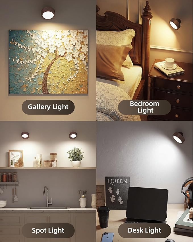 EZVALO LED Wall Mounted Light, 3000mAh Rechargeable Cordless Wall Sconce, Dimmable with Remote & Touch Control, 3 Color Temps, 360° Rotatable for Bedroom, Bedside, Reading(Walnut, 3Pack)