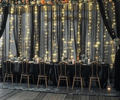 Black Tulle Backdrop Curtain with Lights String for Parites 20ft×8ft Black Sheer Backdrop Curtains for Baby Shower Wedding Bridal Shower Birthday Party Photo Shoot Decorations(4 Panels 5×8ft)