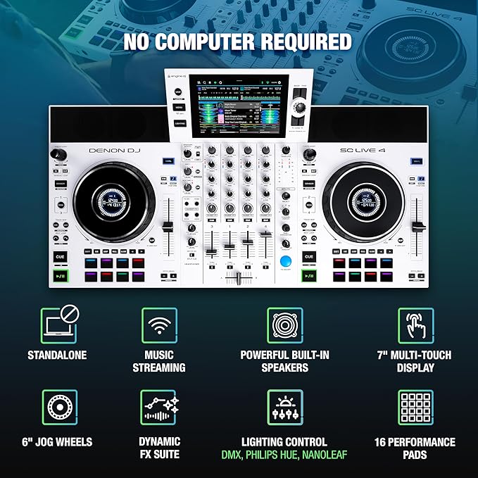 Denon DJ SC Live 4 WHITE DJ Controller and DMX Lighting Controller for Live Music, DJ sets, Events, Music production
