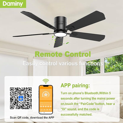 DAMINY 52 inch 5 Blades Black Ceiling Fans with Lights,Flush Mount,6CCT, Low Profile Ceiling Fan with Light and Remote Control,DC Motor,Ceiling Fan for Bedroom, Kitchen,Living Room,Indoor/Outdoor Use
