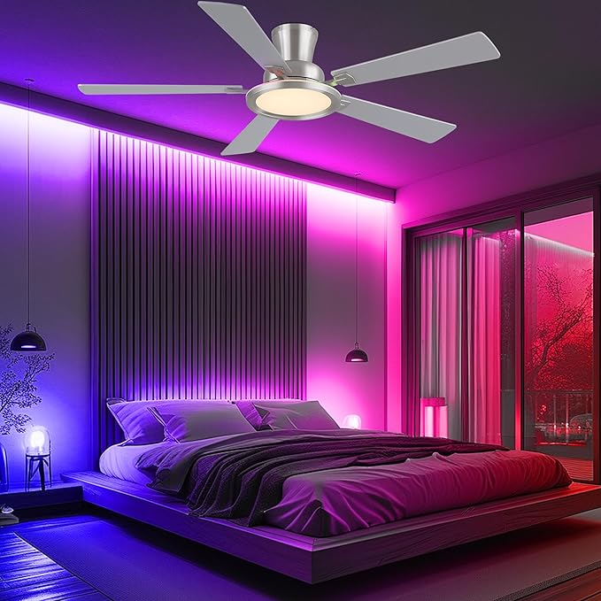 Ayaoty 52" Ceiling Fans with Lights - Flush Mount Ceiling Fan with RGB Dimmable, 3CCT 6 Wind Speeds and Reversible Quiet Motor, Low Profile RGB Fan Light for Modern Indoor, Party - Nickel RGB