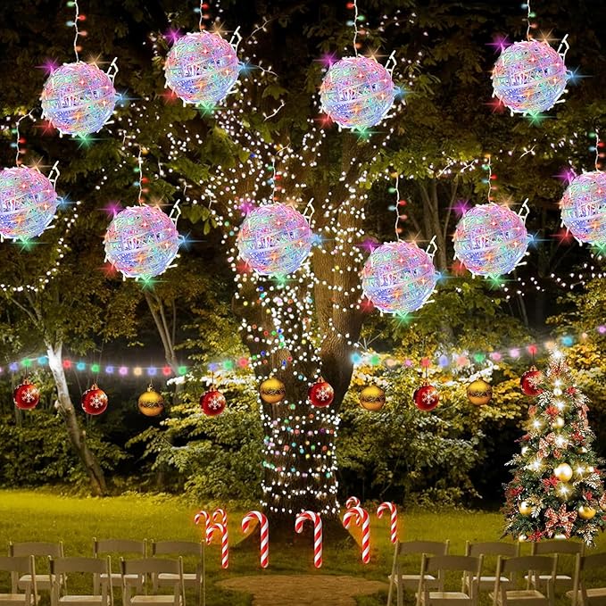 Baung Christmas String Lights Outdoors,4 Pack 7.98" Sphere Ball Tree Garden Globe Lights for Home, Party, Christmas, Porch Patio,Wedding, Garden,Tree Decoration with Memory Function Plug
