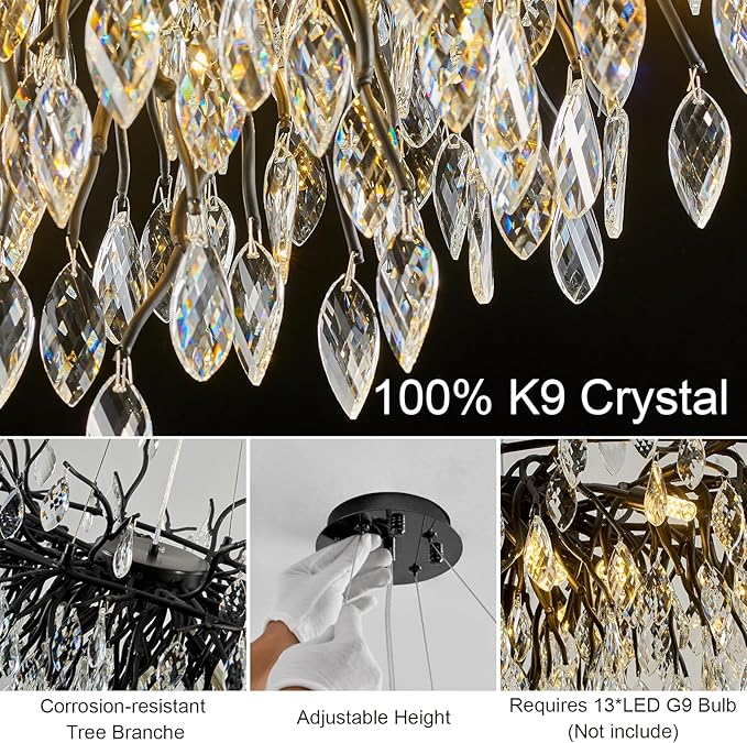 Large Crystal Chandeliers for Dining Room, L47.2" Black Tree Branch Rectangular Chandelier, Dining Room Light Fixture 13-Light High Ceiling Pendant Lights, Linear Chandeliers for Foyer, Living Room