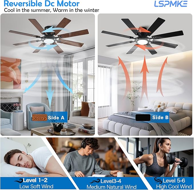 Ceiling Fans with Lights, 54 inch Low Profile Ceiling Fan with Light and Remote Control, Flush Mount Ceiling Fan for Bedroom, Living Room, Reversible, 3CCT, Dimmable, Noiseless DC Motor, Brown
