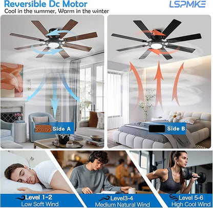 Ceiling Fans with Lights, 54 inch Low Profile Ceiling Fan with Light and Remote Control, Flush Mount Ceiling Fan for Bedroom, Living Room, Reversible, 3CCT, Dimmable, Noiseless DC Motor, Brown