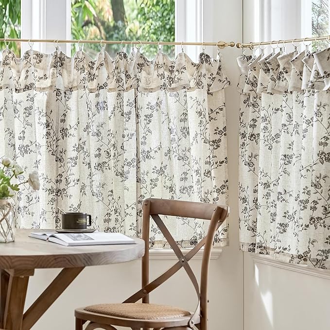 jinchan Floral Linen Kitchen Curtains with Attached Valance 24 Inch Length Farmhouse Cafe Tier Curtains for Living Room Bathroom Rustic Half Window Light Filtering Small Drapes 2 Panels Black