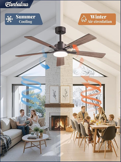 52 Inch Ceiling Fan with Light and Remote, 6 Speeds Reversible DC Motor Ceiling Fans for Bedroom Living Room Patio, 3CCT Dimmable LED, 5 Wood Blades, Downrod Mount, Sloped Ceiling Compatible