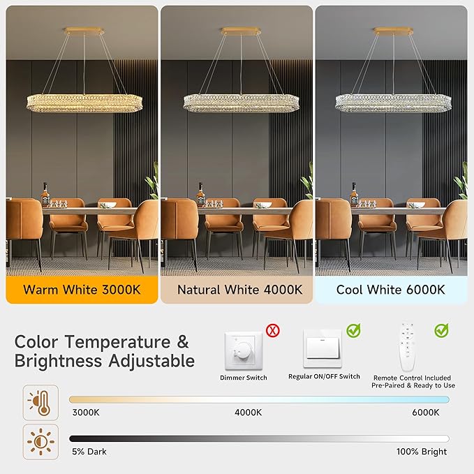 47" LED Rectangle Gold Crystal Chandeliers for Dining Room, Luxury, Rectangular Modern Crystal Oval Kitchen Chandelier, Dimmable LED with Remote, for Dining Room, Kitchen Island
