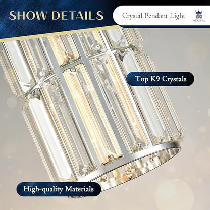 Chrome Crystal Pendant Light for Kitchen Island, Modern Mini Hanging Chandelier with Adjustable Cord, Luxury Polished Chrome Pendant Lighting for Dining Room, Bathroom, Bedroom, Bar
