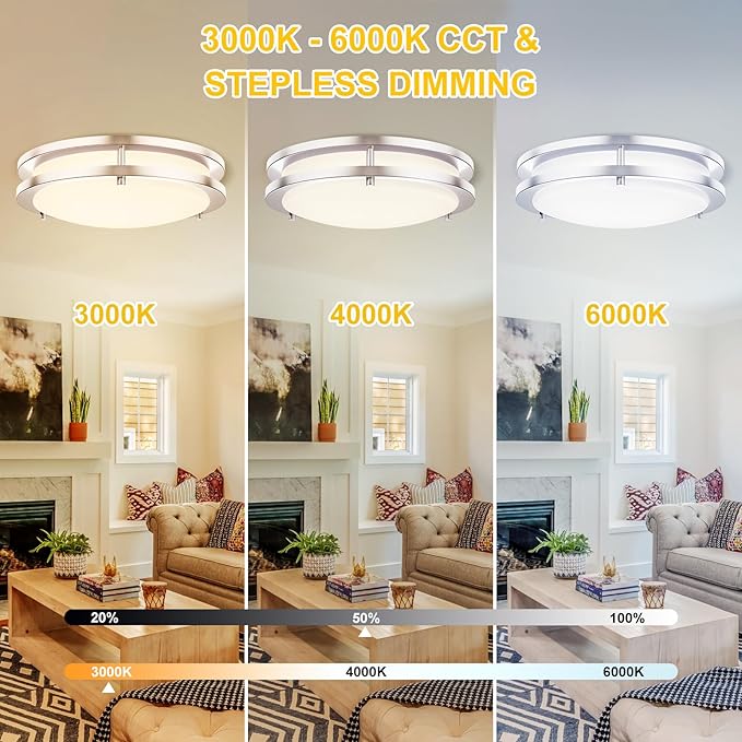 Kalium LED Ceiling Light with Remote 2 Pack 14 Inch Flush Mount Ceiling Light Fixture, 24W 3000K-6000K Adjustable Color Temperature, Dimmable Lighting Fixtures for Kitchen Bedroom. Hardwired