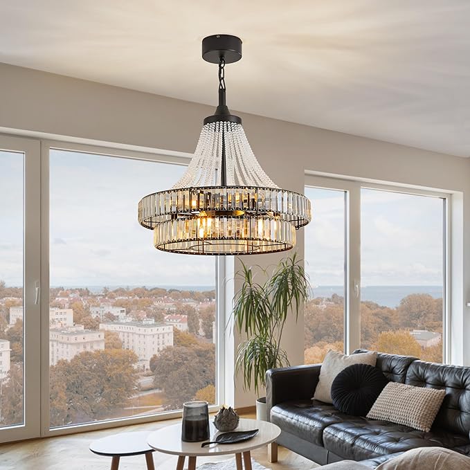 24“ Farmhouse Crystal Chandelier Ceiling Fan with Lights, Remote & App Control, 6-Speed Reversible Large Fandelier, Double Layer Design for Bedroom, Living Room (Black)