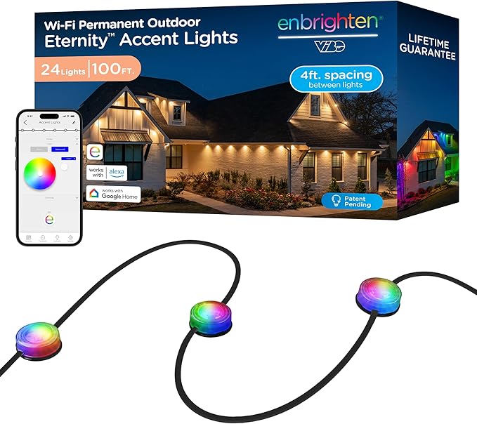 Enbrighten Eternity Accent Permanent Outdoor Lights, 100ft with 24 RGBWIC LED Lights, App‑Controlled, Cuttable, Christmas, Accent & Year‑Round Eave Lighting, Works with Alexa & Google Home, 85714
