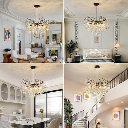 EGM Black 24 Inch Tree Branch Crystal Chandelier, Modern Raindrop Crystal Ceiling Light Fixtures 8-Light(E12), Hanging Round Chandeliers for Dining Room Living Room Bedroom Foyer
