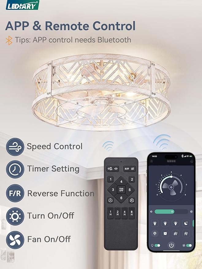 LEDIARY 20" Caged Ceiling Fan with Light, Small Flush Mount Ceiling Fan with App&Remote, Low Profile Bladeless Ceiling Fan Light Fixture 6 Speed, Reversible and Quiet Motor-White Gold