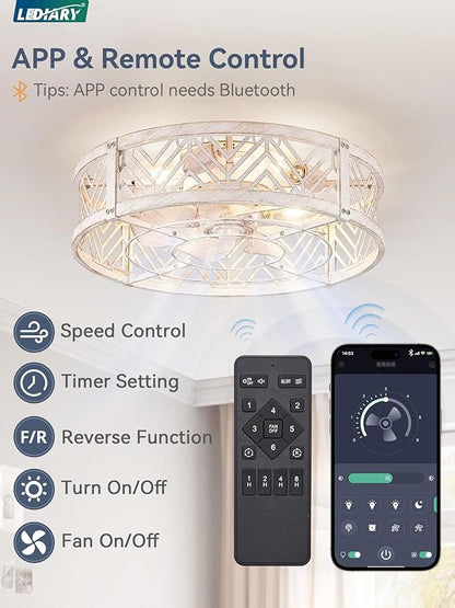 LEDIARY 20" Caged Ceiling Fan with Light, Small Flush Mount Ceiling Fan with App&Remote, Low Profile Bladeless Ceiling Fan Light Fixture 6 Speed, Reversible and Quiet Motor-White Gold
