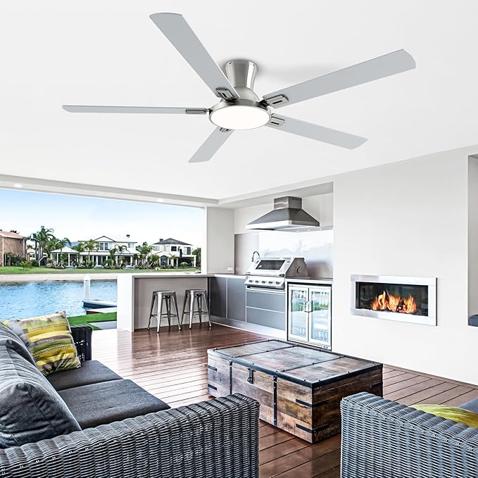 60 Inch Brushed Nickel Ceiling Fans with Lights and Remote, Flush Mount Low Profile 5 Blades Ceiling Fan with 10 Inch Lighting Fixture, Quiet Reversible DC Motor for Living Room, Bedroom and Patio