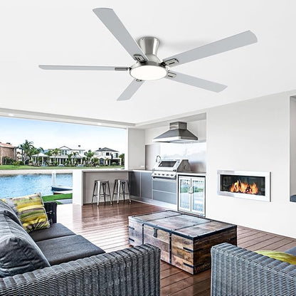 60 Inch Brushed Nickel Ceiling Fans with Lights and Remote, Flush Mount Low Profile 5 Blades Ceiling Fan with 10 Inch Lighting Fixture, Quiet Reversible DC Motor for Living Room, Bedroom and Patio