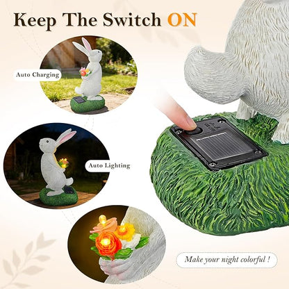 Cute Solar Bunny Garden Statue with Warm LED Flower Lights, Handcrafted Outdoor Rabbit Decor for Patio, Balcony, Yard, Lawn, Ideal Easter, Birthday & Holiday Gifts for Women, Mom