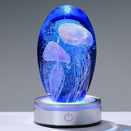 Hand Blown Glass Jellyfish Lamp - Ocean Themed Crystal Ball Desk Decor with LED Light, Aquarium & Beach Room Decoration, Collectible Figurine Paperweight Gift for Women (Purple)
