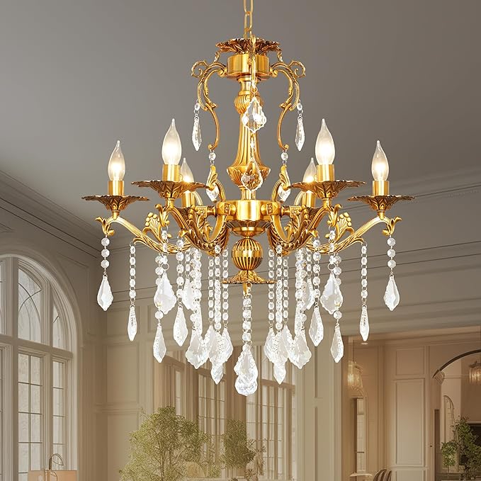 Luxury Copper Crystal Chandelier, 24" Vintage K9 Crystal Pendant Light with 6 Lights, Antique Brass Finish Ceiling Light Fixture with Scrolled Arms for Dining Room Living Room Foyer Villa Hotel