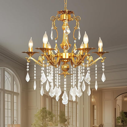 Luxury Copper Crystal Chandelier, 24" Vintage K9 Crystal Pendant Light with 6 Lights, Antique Brass Finish Ceiling Light Fixture with Scrolled Arms for Dining Room Living Room Foyer Villa Hotel
