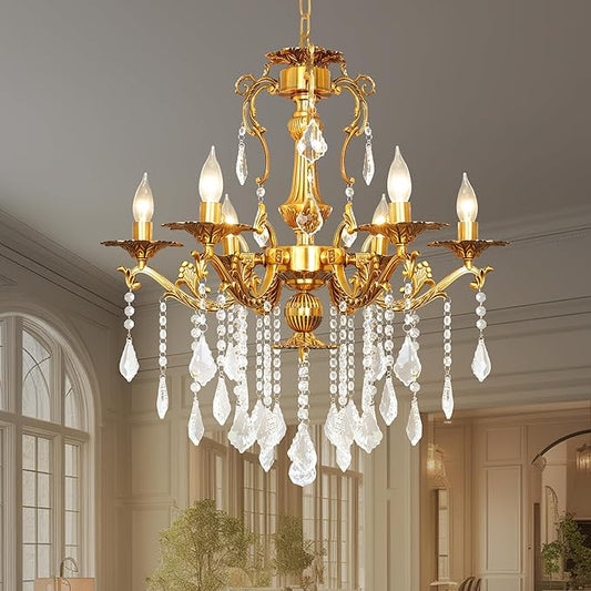 Luxury Copper Crystal Chandelier, 24" Vintage K9 Crystal Pendant Light with 6 Lights, Antique Brass Finish Ceiling Light Fixture with Scrolled Arms for Dining Room Living Room Foyer Villa Hotel