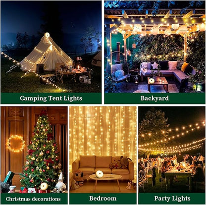 Solar Camping Lights 180LEDs 33FT,Rechargeable 4 in1 Camping String Lights with13 Modes&Timer,Waterproof Christmas Twinkle Lights for Tent,Yard,Outdoor,Garden,Hiking,Travel Decor