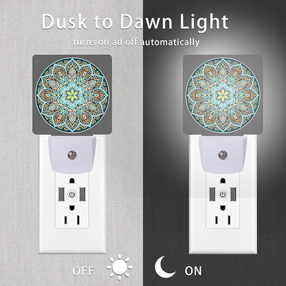 Mandala Floral Night Light,Yellow and Brown Ethnic Style Plug-in Night Lights with Dusk-to-Dawn Sensor for Stairway/Hallway/Bedroom Sleep Friendly lamp for Women/Girls/Boys Gift,0.5W