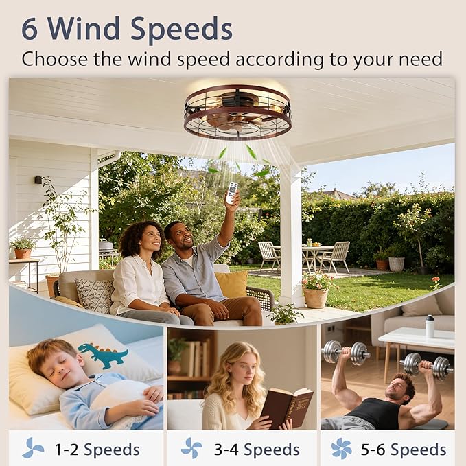 VOLISUN Farmhouse Caged Ceiling Fans with Lights Flush Mount, 19.7'' Rustic Low Profile Ceiling Fan with Light and Remote, Bladeless Fandelier Ceiling Fans with Lights for Kitchen, Bedroom(Wood)