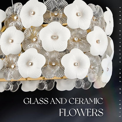 Modern Flower Glass Chandeliers for Dining Room L36” Oval Ceiling Pendant Light Fixture Luxury Gold 8-Light Contemporary Chandelier for Living Room Kitchen Island Bar, E12