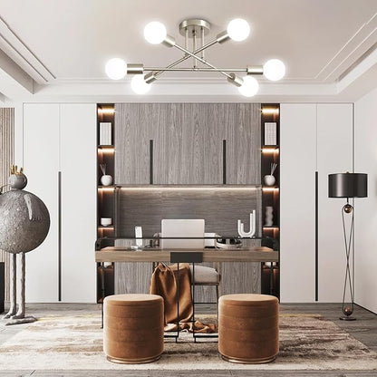Nickle Modern Sputnik Chandelier Ceiling Light Fixture,6-Light Dining Room Light Fixture,Industrial Metal Kitchen Lighting Fixtures Ceiling,Angle Adjustable Semi Flush Mount Ceiling Light for Bedroom