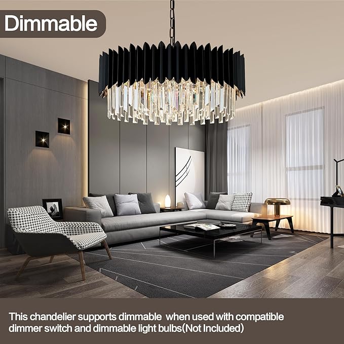 Modern 24" Black Crystal Chandelier Dimmable 8-Lights 3 Tiers Round Chandeliers K9 Crystal Ceiling Pendant Light Fixtures for Living Room Dining Room Bedroom Foyer Entryway