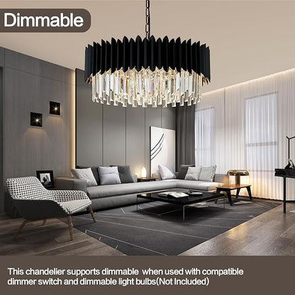 Modern 24" Black Crystal Chandelier Dimmable 8-Lights 3 Tiers Round Chandeliers K9 Crystal Ceiling Pendant Light Fixtures for Living Room Dining Room Bedroom Foyer Entryway