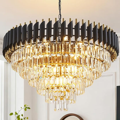 Modern Crystal Chandeliers 6 Tiers 30" Round Extra Large for Dining Room 16-Light Black and Gold Chandelier Living Room Round Contemporary Ceiling Hanging Light