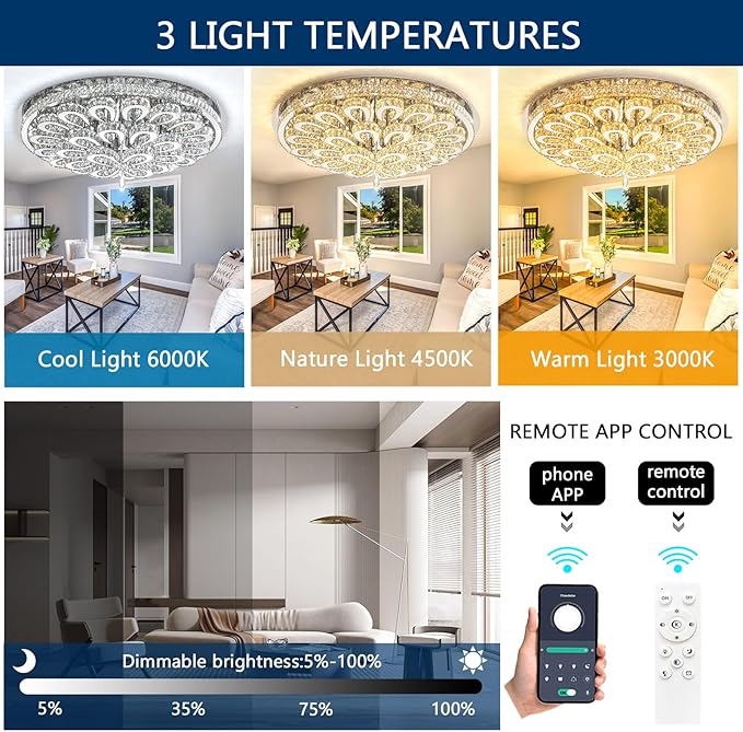47'' Modern Crystal Chandeliers for Living Room Large Chandelier Ceiling Light Fixture LED Dimmable with Remote Flush Mount Lighting for Dining Room Bedroom Silver