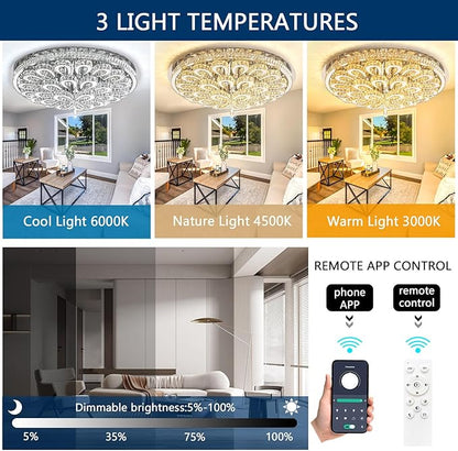 47'' Modern Crystal Chandeliers for Living Room Large Chandelier Ceiling Light Fixture LED Dimmable with Remote Flush Mount Lighting for Dining Room Bedroom Silver