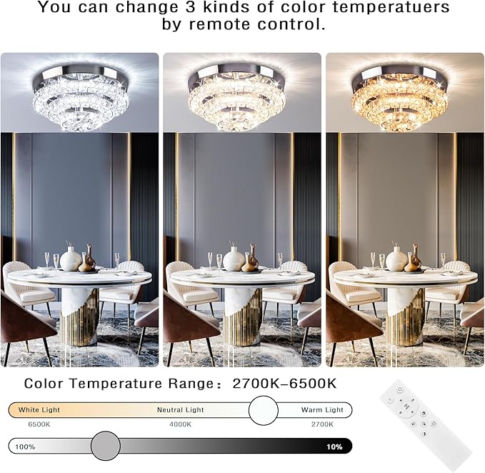 11.8" Modern Crystal Chandeliers LED Crystal Ceiling Light Fixture Flush Mount Ceiling Chandelier Light Chandelier for Dining Room Hallway Three-Tier Dimmable with Remote Control