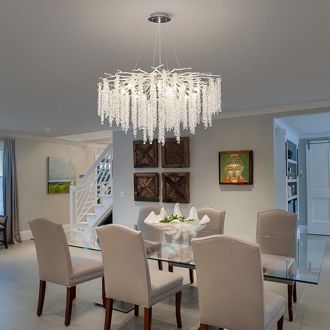 Crystal Tree Branches Chandeliers Luxury Round Raindrop Pendant Light Fixture Ceiling Hanging Light for Dining Room Bedroom Living Room Entryway D31.5“ Silver