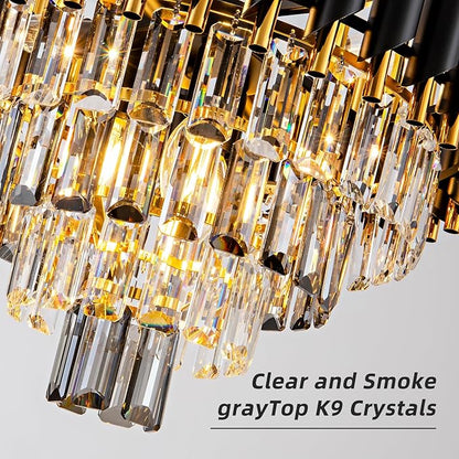 Large Crystal Chandelier 24Inch Dining Room Light Fixtures 5 Tiers Flush Mount Smoke Grey and Gold Chandelier 10 Lights Round Large Chandeliers for Dining Room