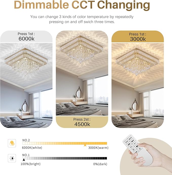 COCOSTAR Crystal Chandeliers, Modern Led Luxury Chandelier, 34" Suqare Flush Mount Chandelier Ceiling Light, Raindrop Chandeliers for Dining Room, Living Room, Bedroom, Gold