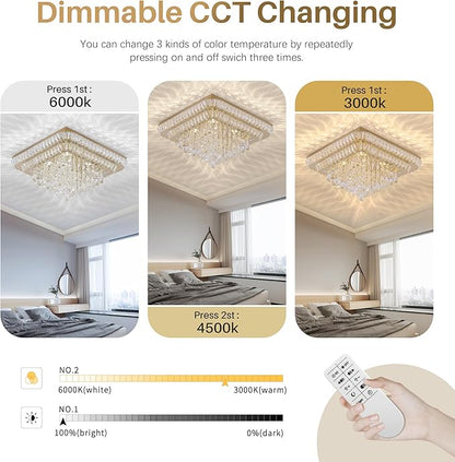 COCOSTAR Crystal Chandeliers, Modern Led Luxury Chandelier, 34" Suqare Flush Mount Chandelier Ceiling Light, Raindrop Chandeliers for Dining Room, Living Room, Bedroom, Gold