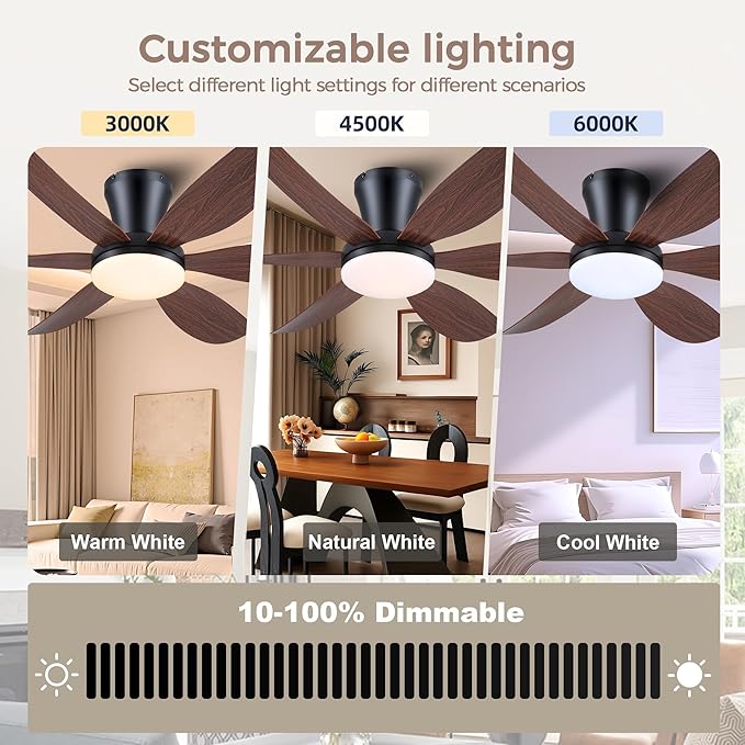 GJeg Ceiling Fans with Lights,42" Flush Mount Ceiling Fan with Light and Remote Control,Low Profile, Reversible, Dimmable, Noiseless, Black Ceiling Fan for Bedroom