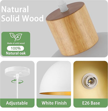 White Pendant Light, 11.8" Wood Dome Pendant Lights Fixtures Adjustable Modern Hanging Lighting, for Kitchen Island Dining Room Farmhouse Sink Bar Restaurant