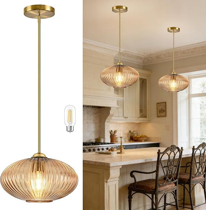 10" Amber Glass Modern Pendant Light Kitchen Island Brushed Gold Mid Century Modern Pendant Lighting with Clear Amber Glass Hanging Pendant Light for Dining Room（Bulb Incl.）