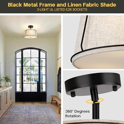 13'' Semi Flush Mount Ceiling Light Fixture,3-Light Black Light Fixtures Ceiling Mount with Linen Drum Fabric Shade,Modern Close to Ceiling Lamp for Bedroom Dining Room Kitchen Hallway (Adjustable)
