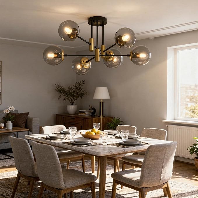 6-Light Sputnik Chandelier Modern Matte Black and Gold Ceiling Light, Glass Globe Hanging Light Fixture for Dining Room, Kitchen Island, Bedroom, Living Room