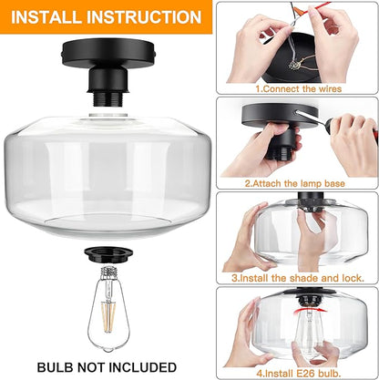 MAXvolador Industrial Semi Flush Mount Ceiling Light Large, Clear Glass Pendant Lamp Shade, Lighting for Hallway, Vintage Hanging Light Fixtures