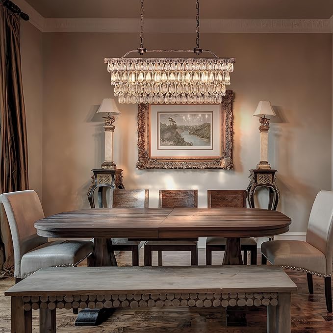 Wellmet Dining Room Crystal Chandelier,30 inch Antique Bronze Rectangle Crystal Ceiling Light,4 Lights Farmhouse Kitchen Island Lighting,Adjustable Hanging Light Fixtures