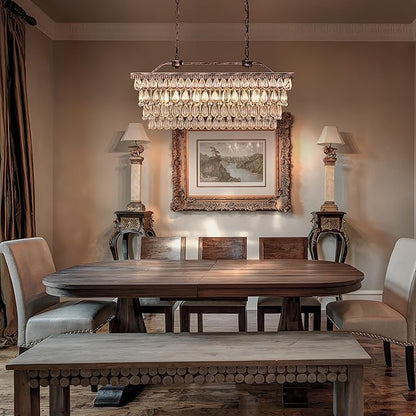 Wellmet Dining Room Crystal Chandelier,30 inch Antique Bronze Rectangle Crystal Ceiling Light,4 Lights Farmhouse Kitchen Island Lighting,Adjustable Hanging Light Fixtures